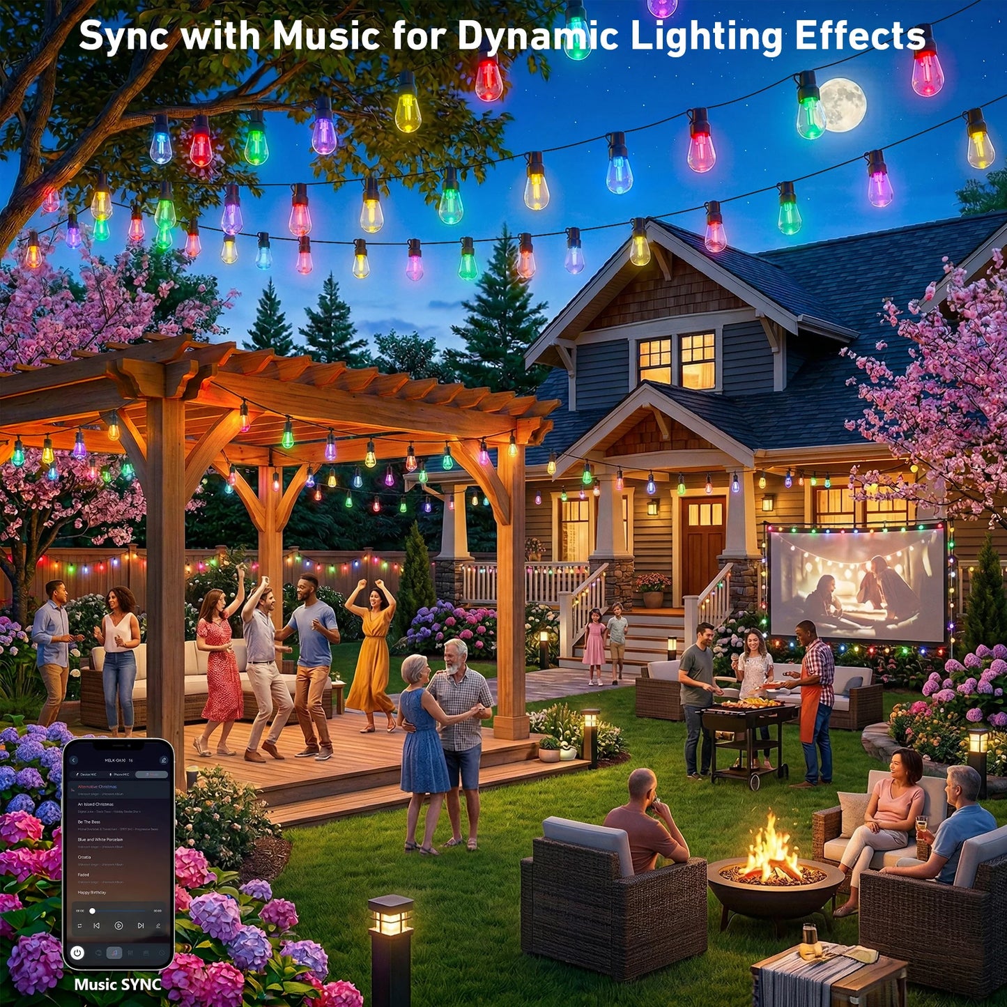 Smart App Controlled Outdoor String Lights With Dimmable LED Bulbs
