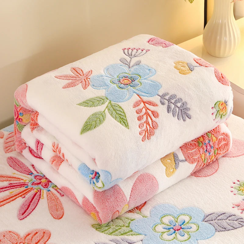 Floral Style Warm Fleece Bedspread Blanket Plaid Travel Shawl