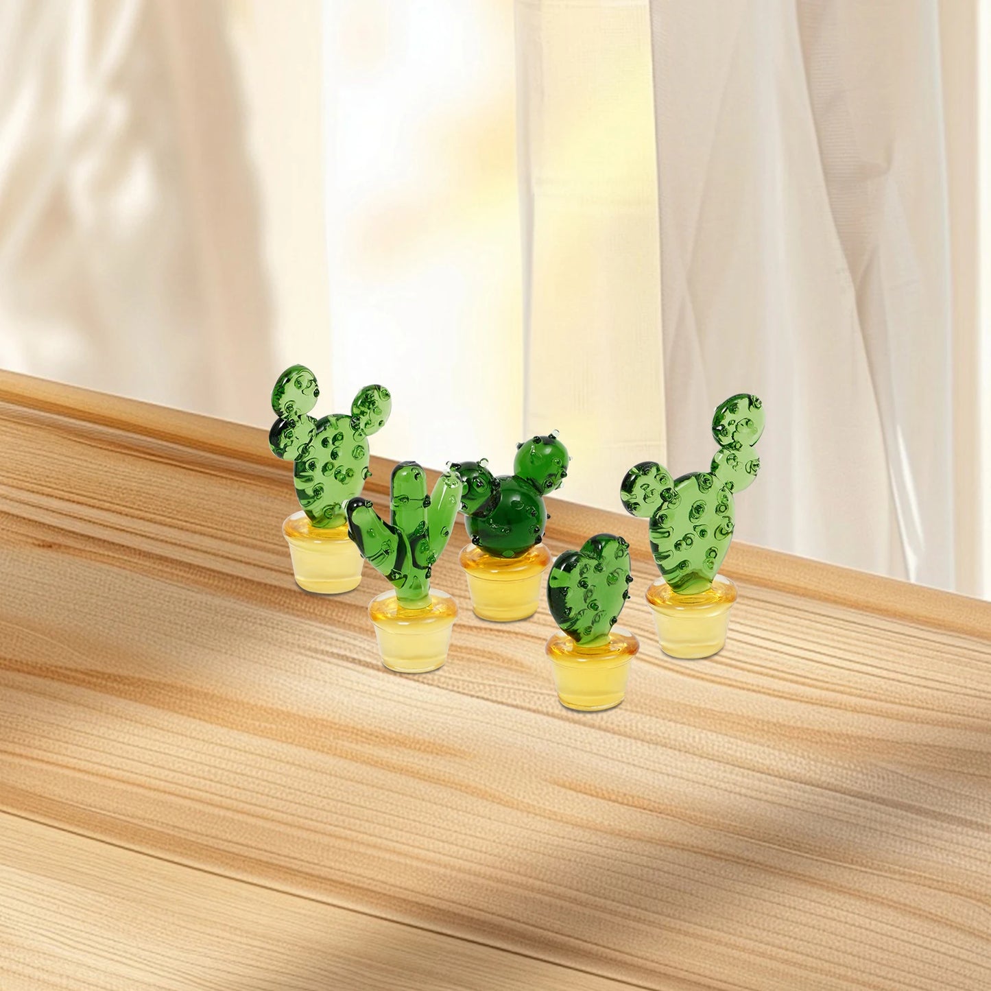 Five Piece Glass Blown Mini Cactus Figurines For Home Decor