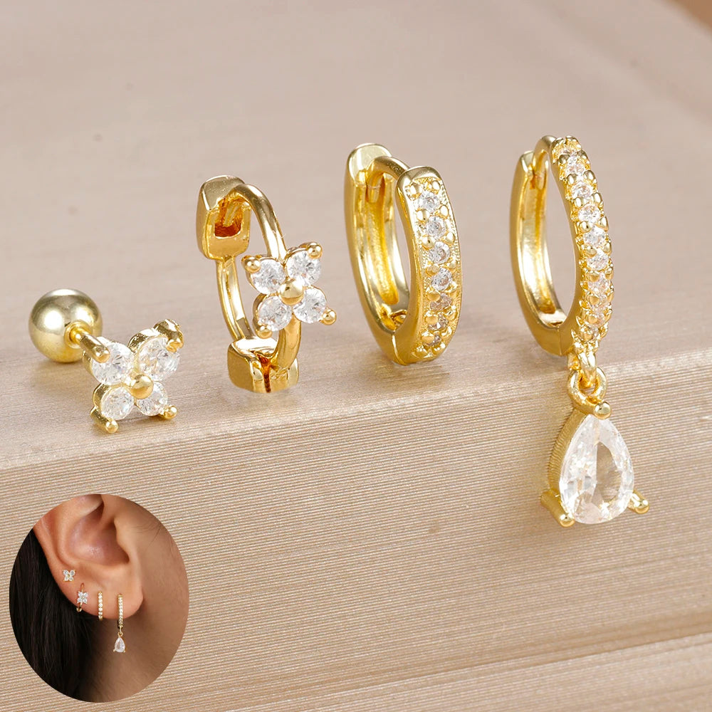 Korean Stainless Steel Zircon Water Drop Earrings Set for Women