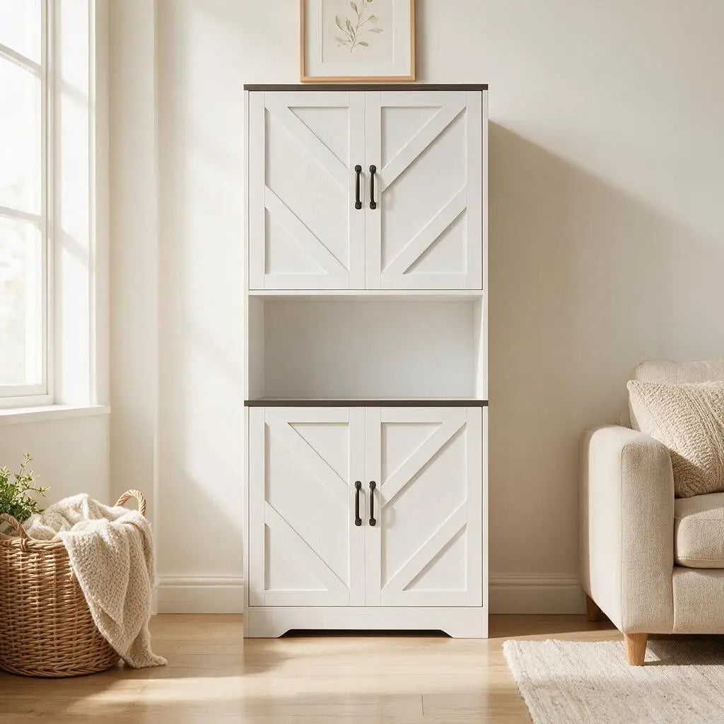 Farmhouse Kitchen Pantry Cabinet With Charging Station And Storage