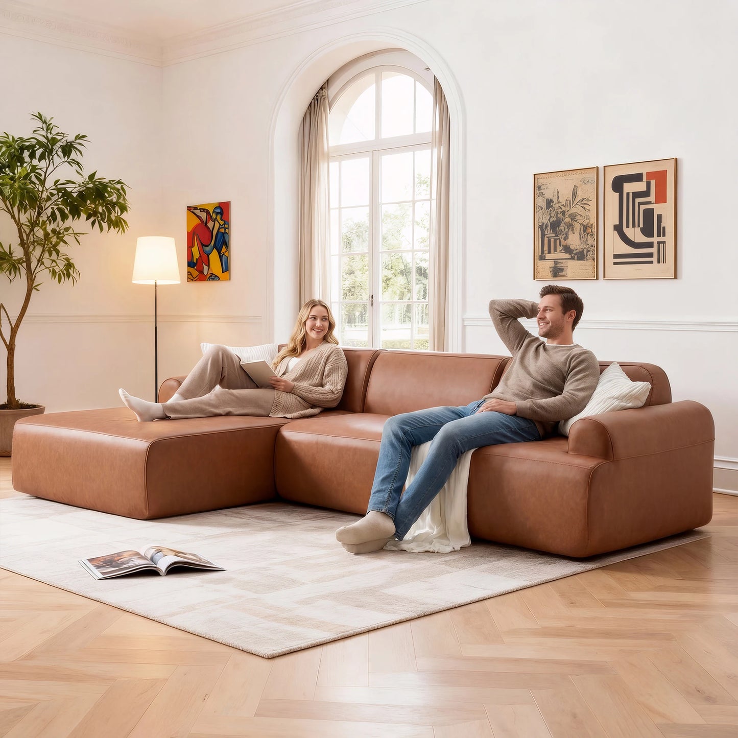 THOLASIS L Shaped Modular Leather Sofa For Family Spaces