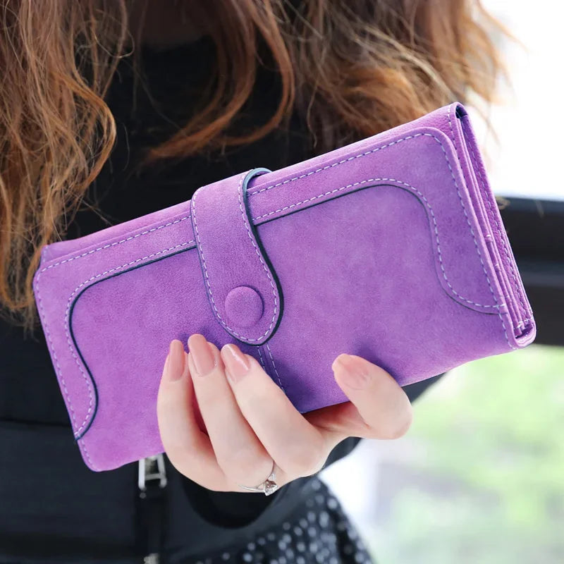 Nubuck Leather Long Wallet For Women Hasp Clutch Card Holder