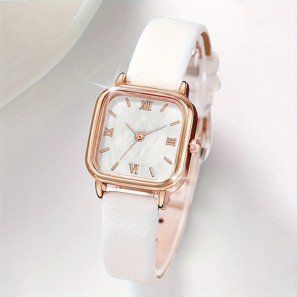 None Fashion Women PU Band Square Dial Watch With Bracelet - 2-Pc Set Stainless Steel Case Quartz Movement