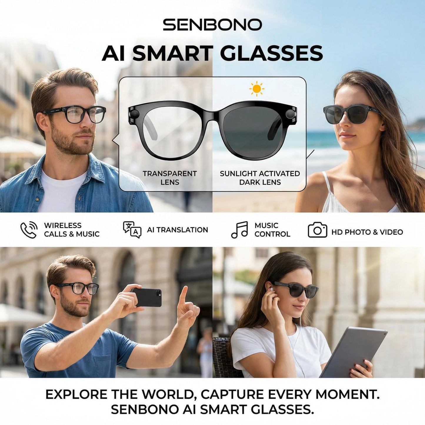 SENBONO AI Smart Glasses With Camera Photo Recognition And Translation