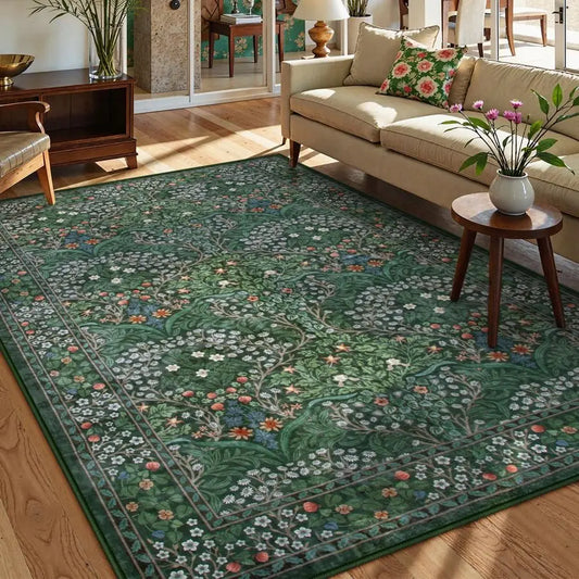 CozyNest Floral Washable Rugs 5x7 - Soft Green Boho Non Slip Low Pile Stain Resistant Carpet