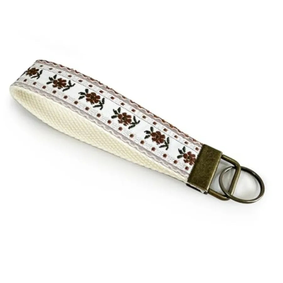 Embroidered Fabric Wristlet Keychain For Women With Metal Hardware